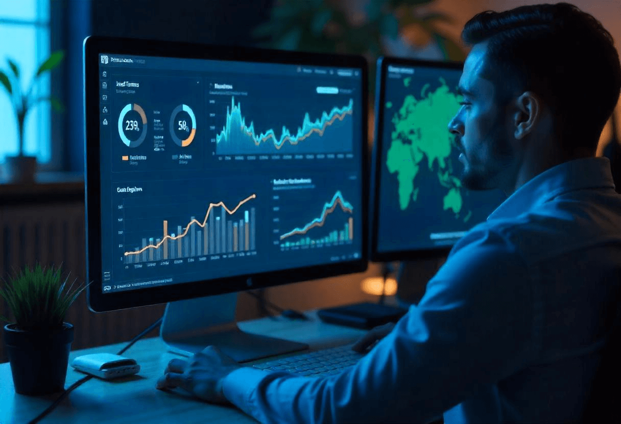 Un homme devant son ordinateur en train d'analyser la performance de son site événementiel