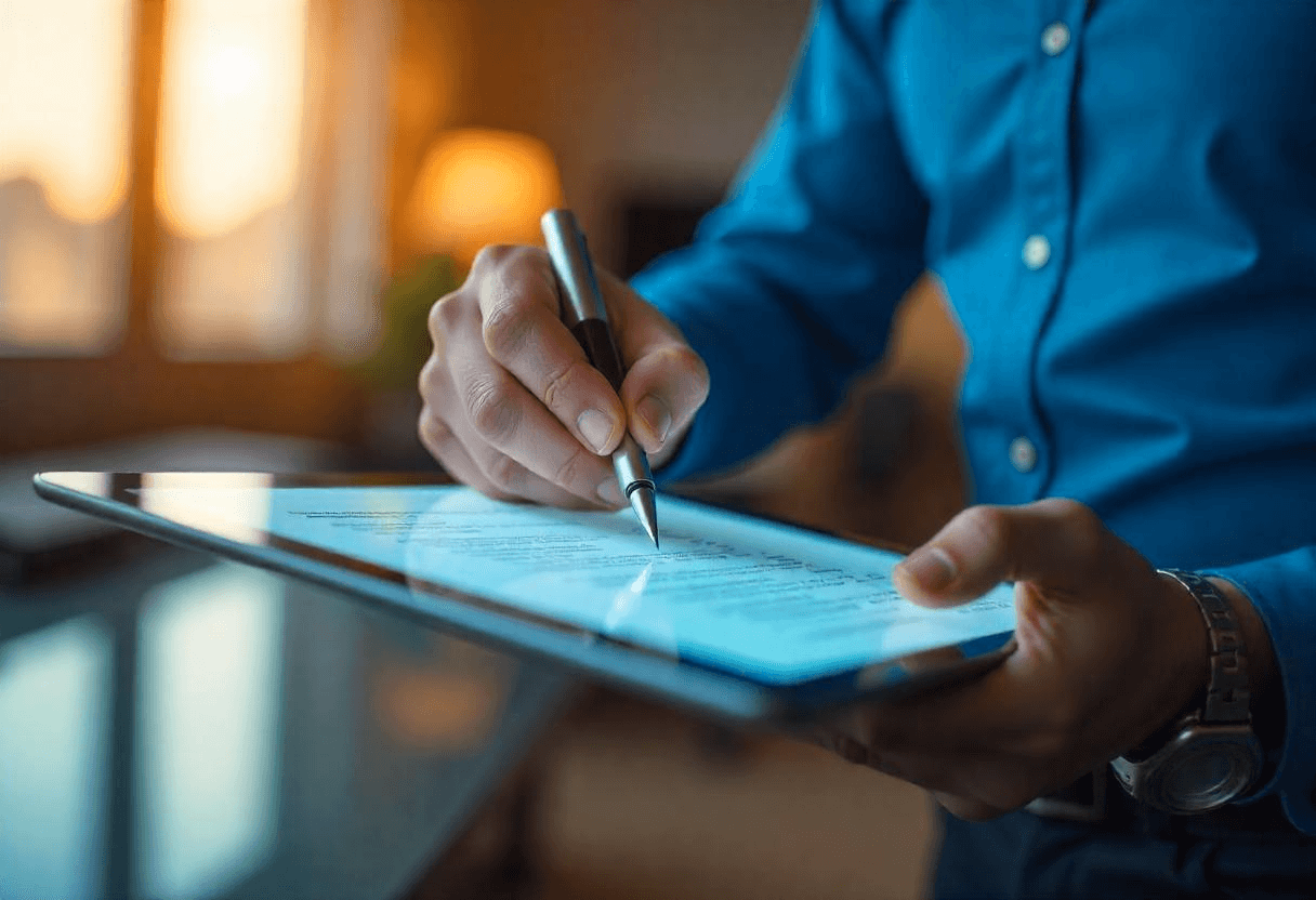 Homme travaillant sur une tablette un stylo à la main entrain d'effectuer une signature électronique