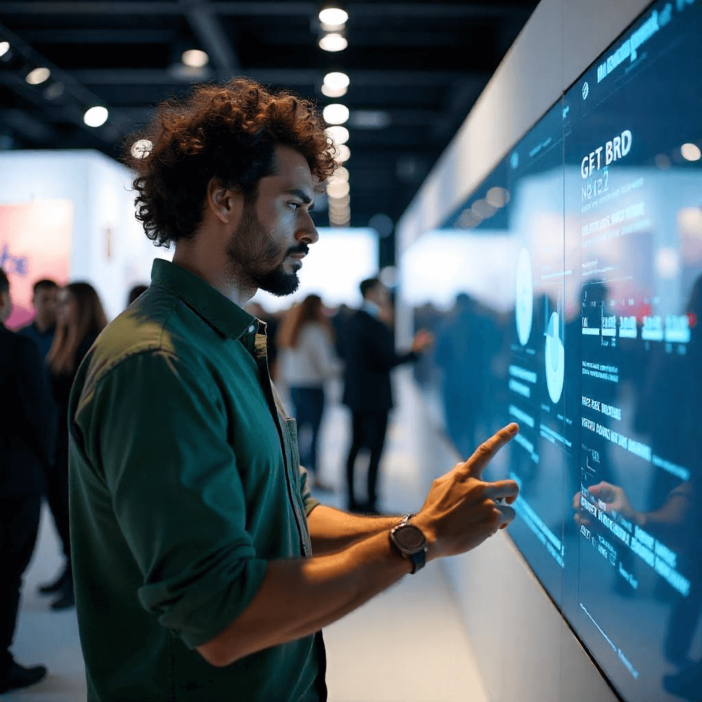 Digitalisation et événementielle, les tendances de 2025 Photo d'un homme dans un salon professionnel centrée sur la digitalisation