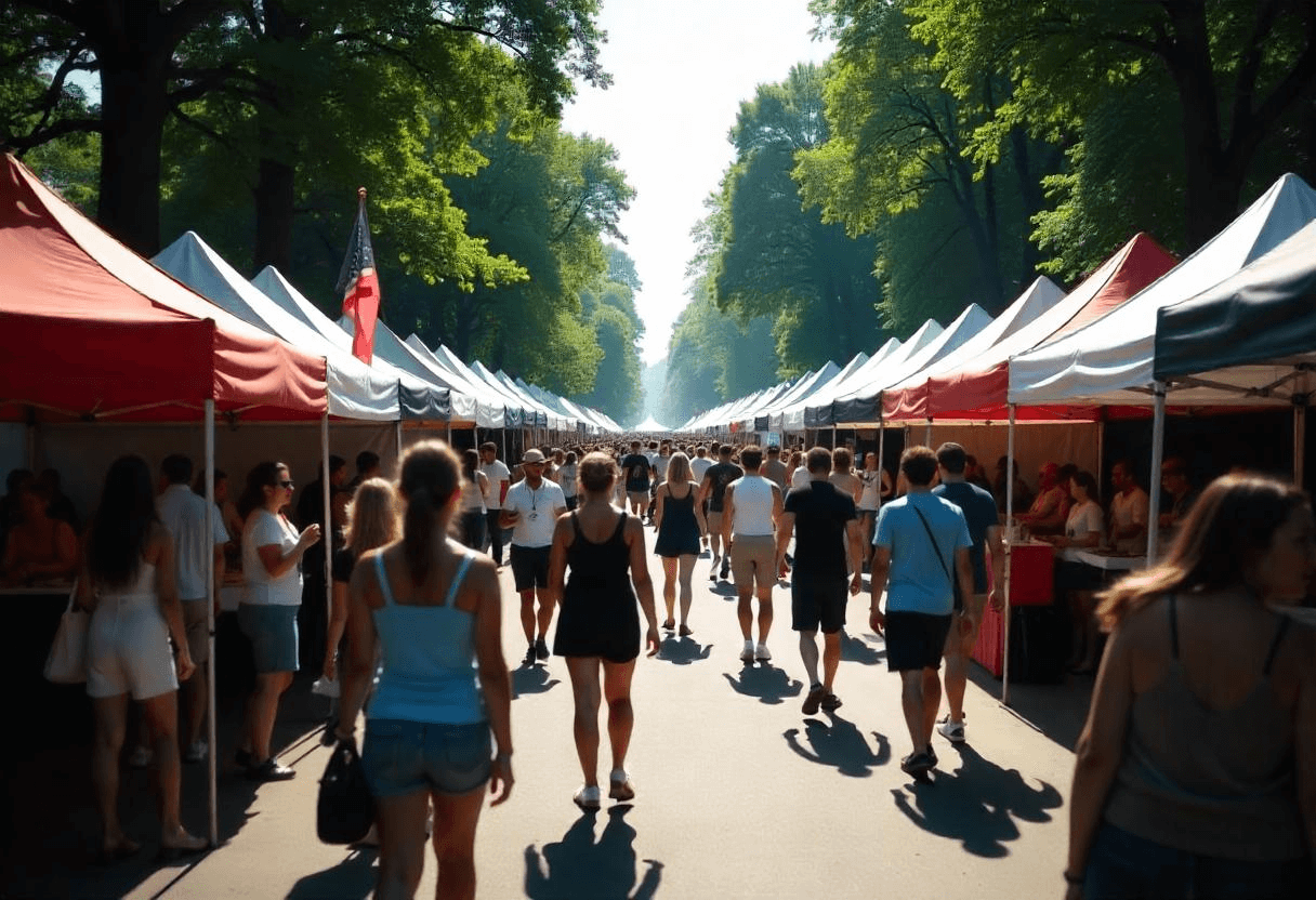 Une foule de visiteurs se promenant sur l'allée d'une foire et s'arrêtant sur des stands exposants